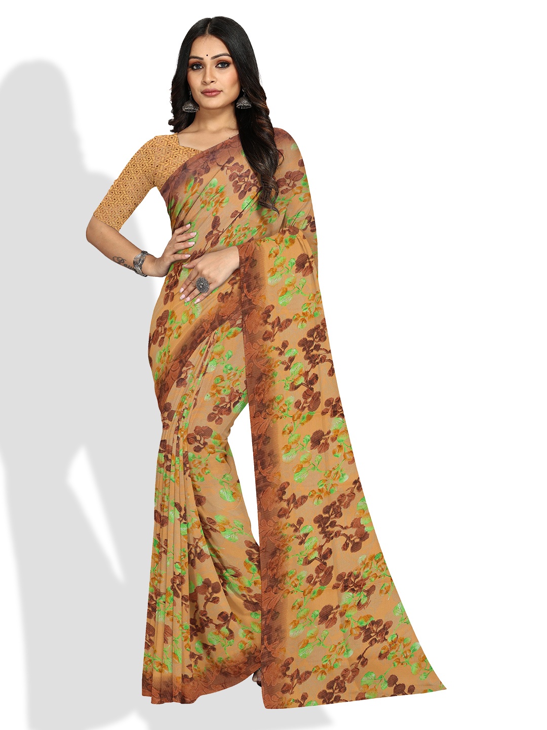 

KALINI Floral Printed Bagh Saree, Brown