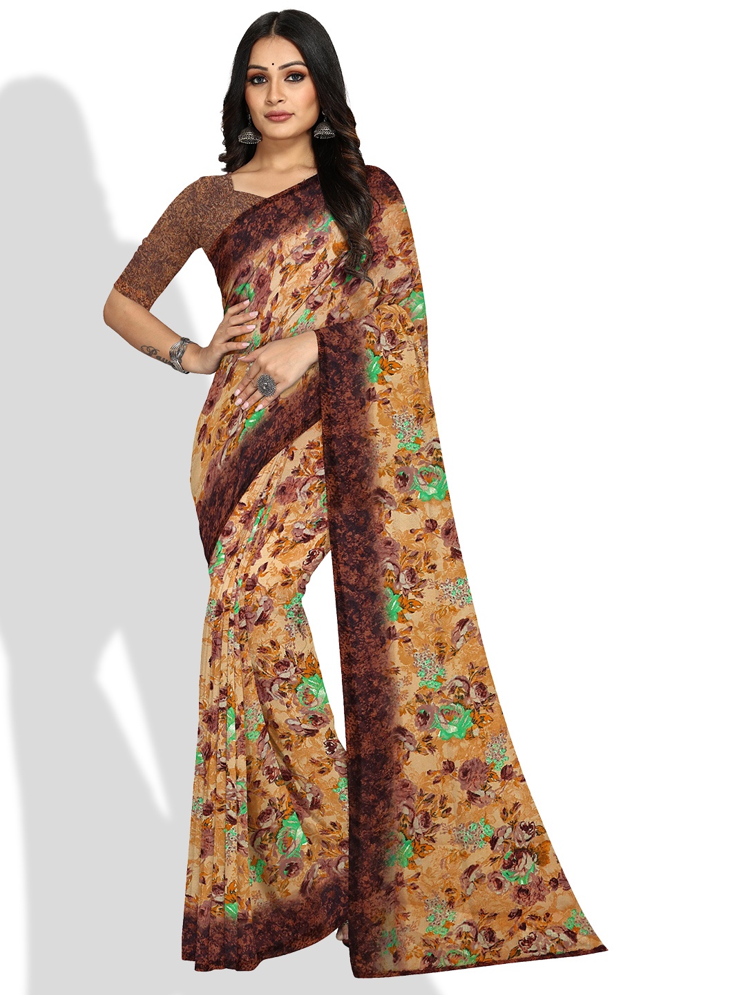 

KALINI Floral Printed Bagh Saree, Beige