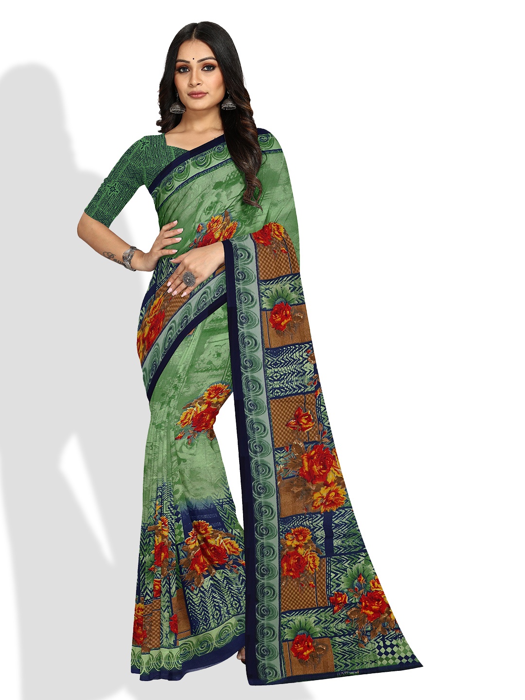

KALINI Floral Printed Bagh Saree, Green
