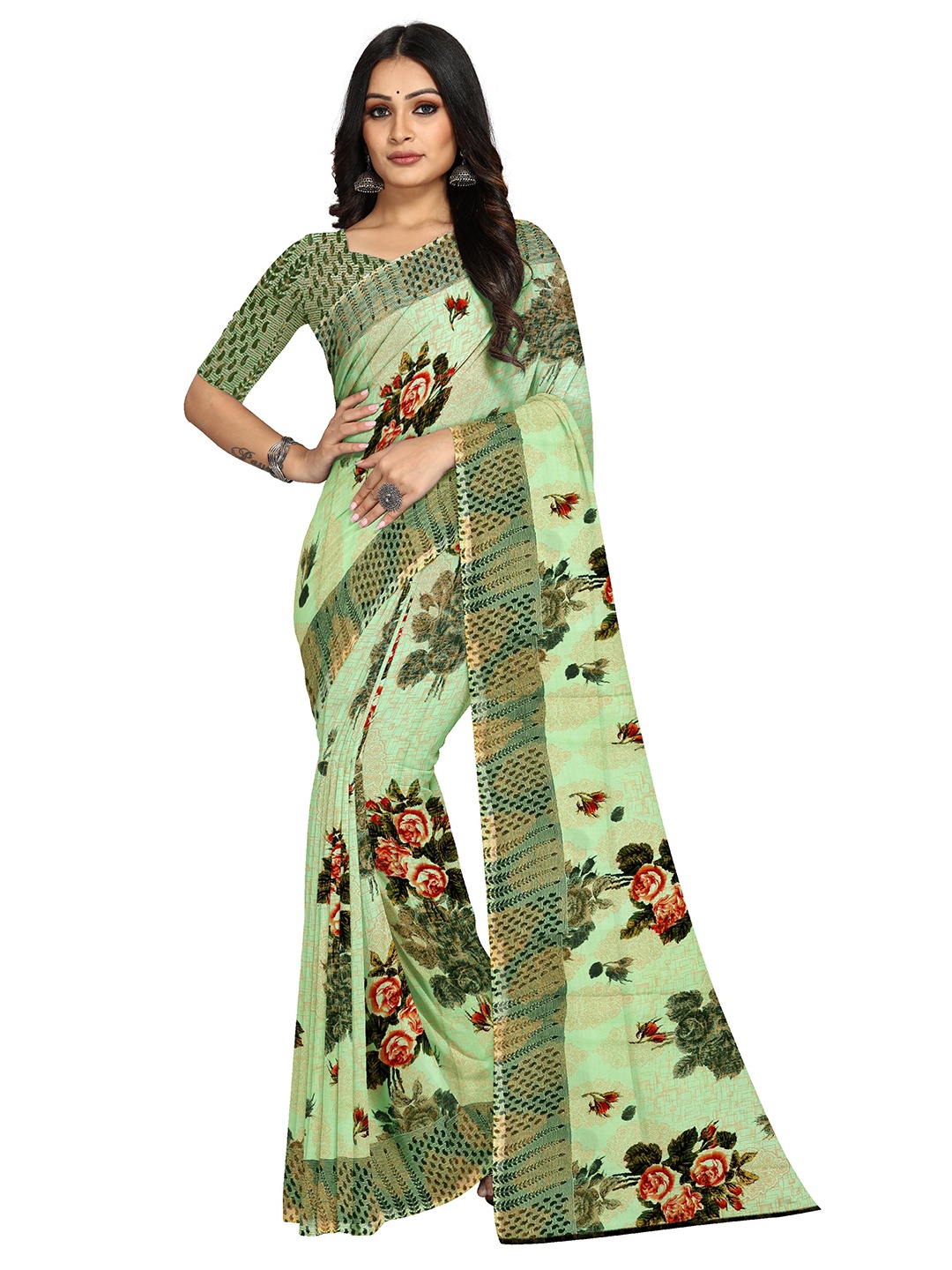 

KALINI Floral Printed Bagh Saree, Green