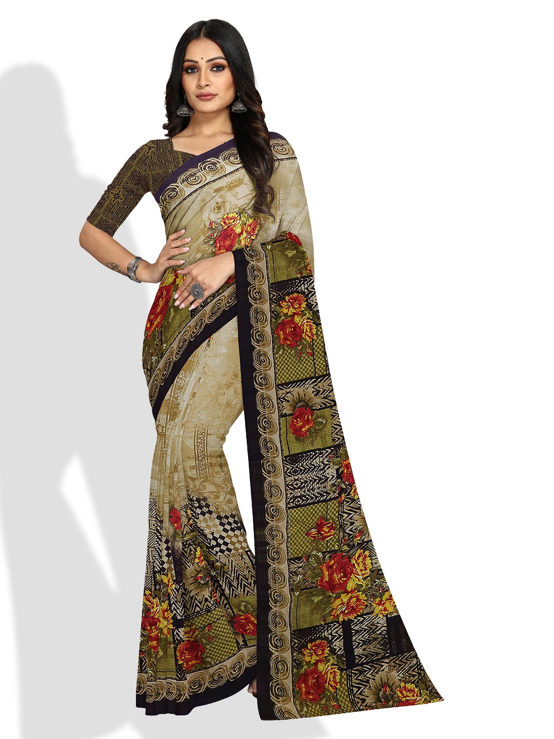 

KALINI Floral Printed Bagh Saree, Green