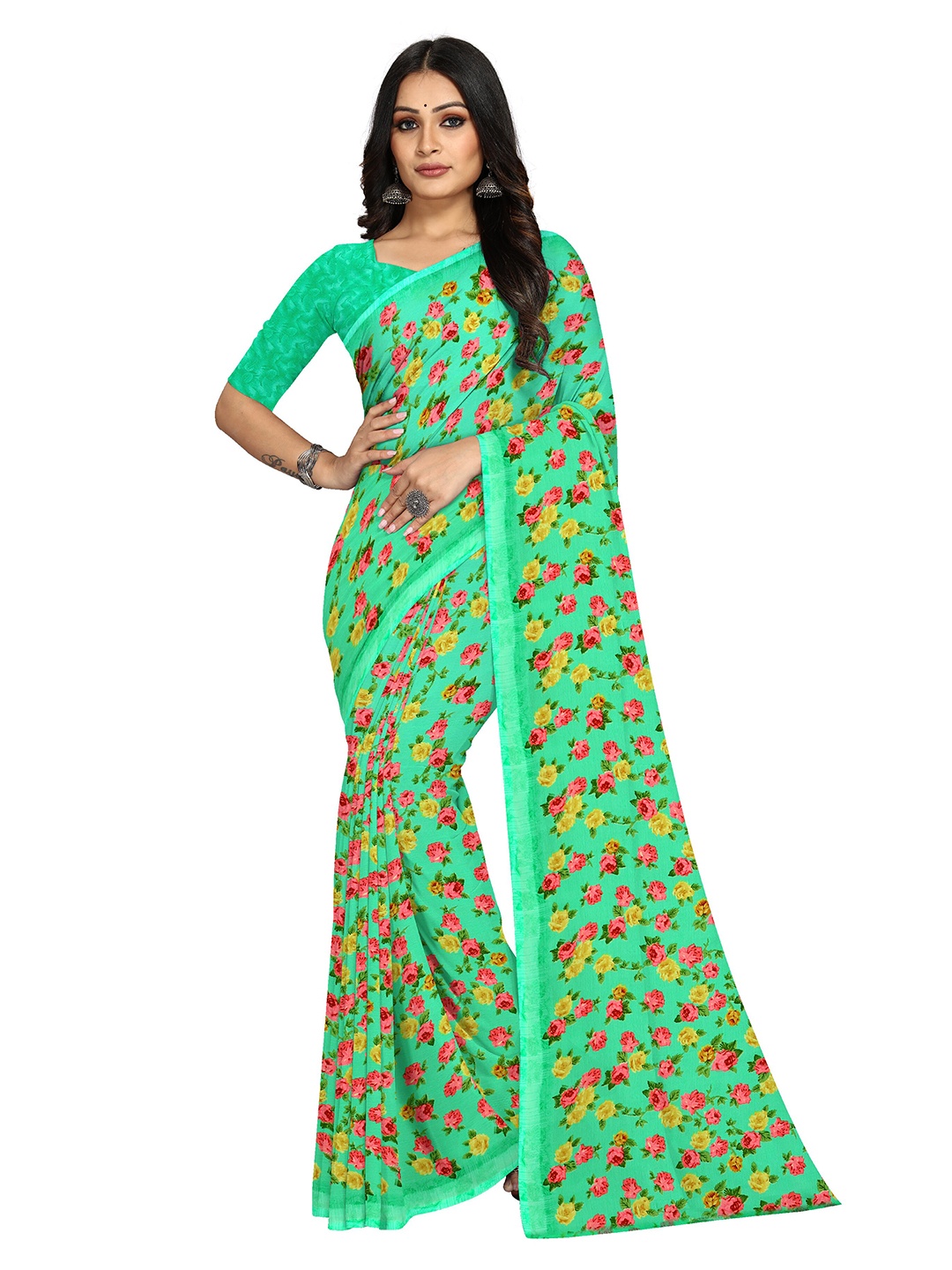 

KALINI Floral Printed Bagh Saree, Sea green