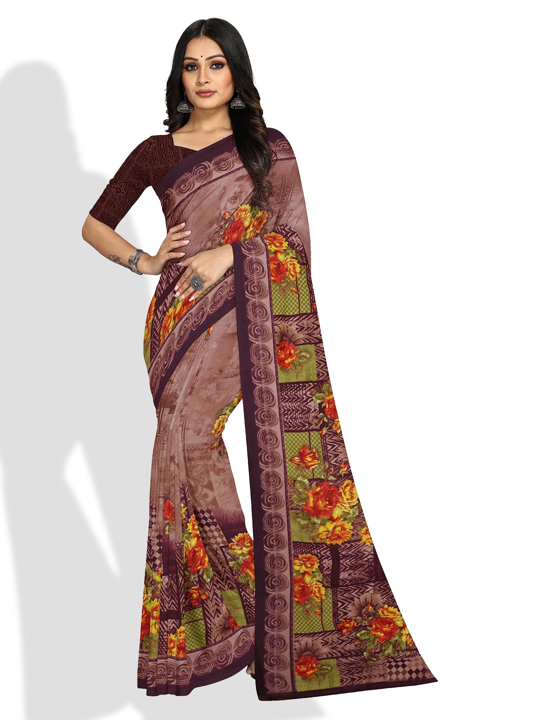 

KALINI Floral Printed Bagh Saree, Mauve