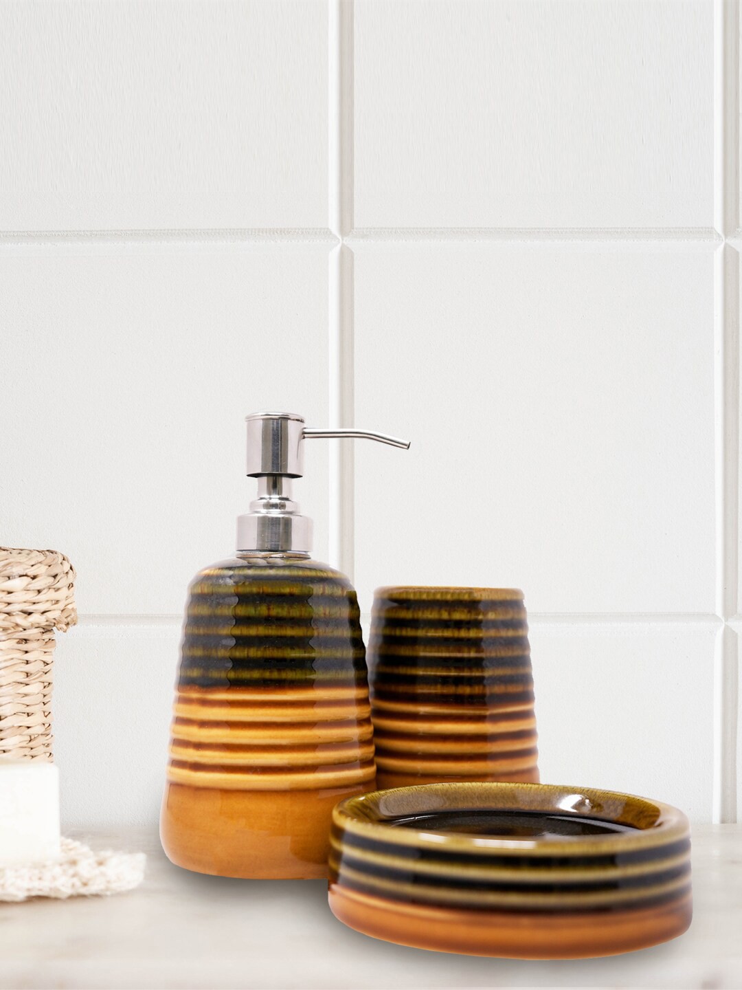 

MYTRIDENT Classic Luxury Brown Green 3-Pieces Striped Ceramic Bathroom Accessories Set