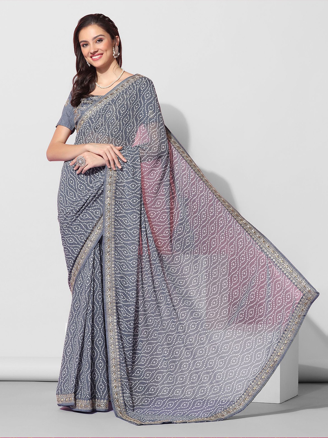 

Mitera Grey & White Bandhani Printed Embroidered Saree