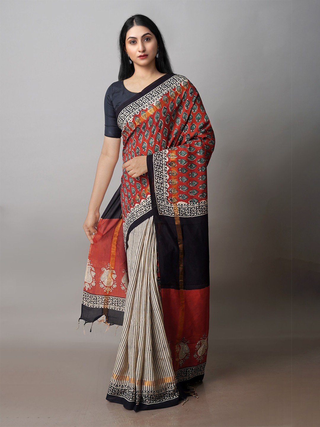 

Unnati Silks Ethnic Printed Bagru Saree, Maroon