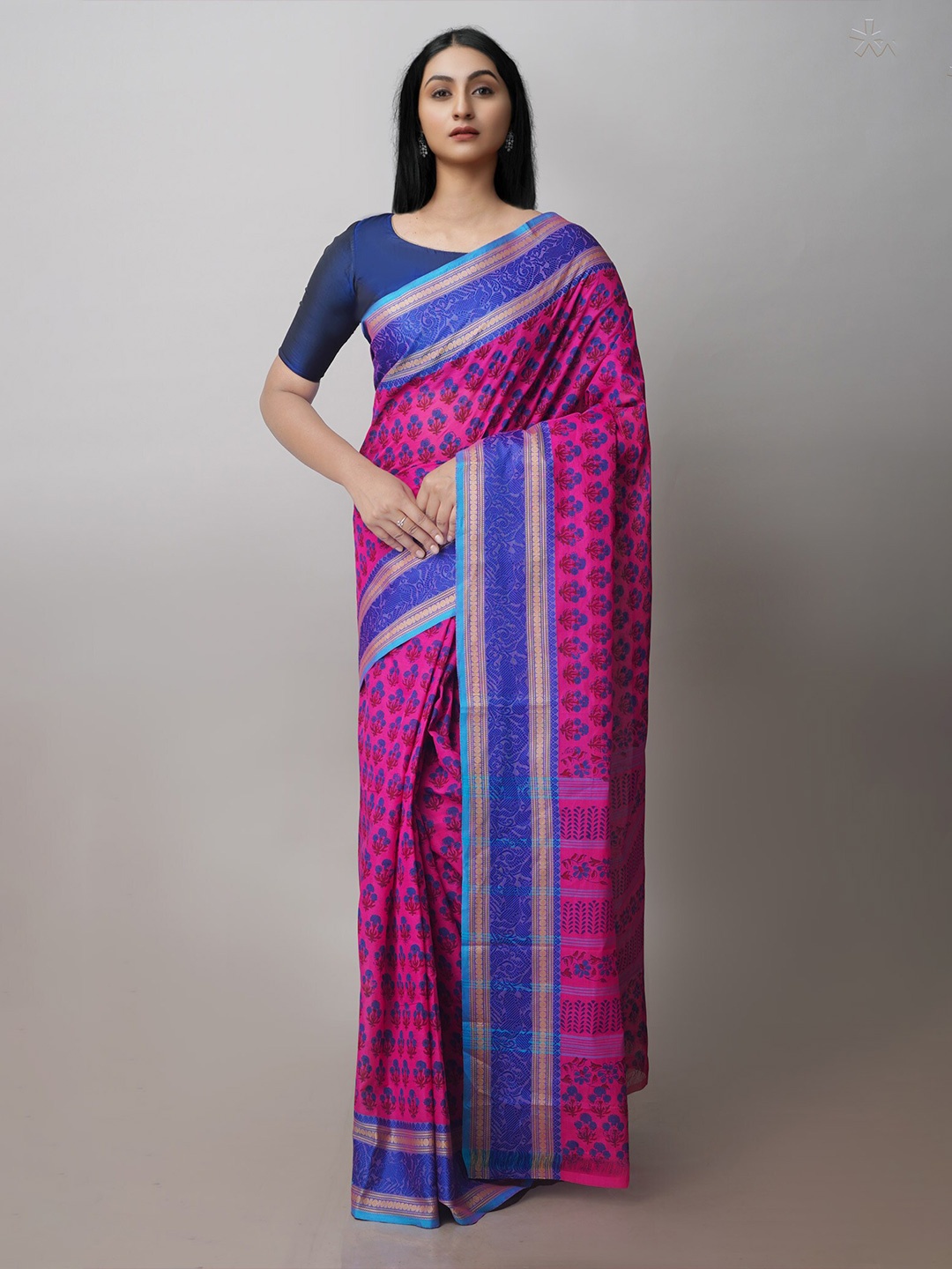 

Unnati Silks Block Printed Chettinad Cotton Blend Saree, Pink