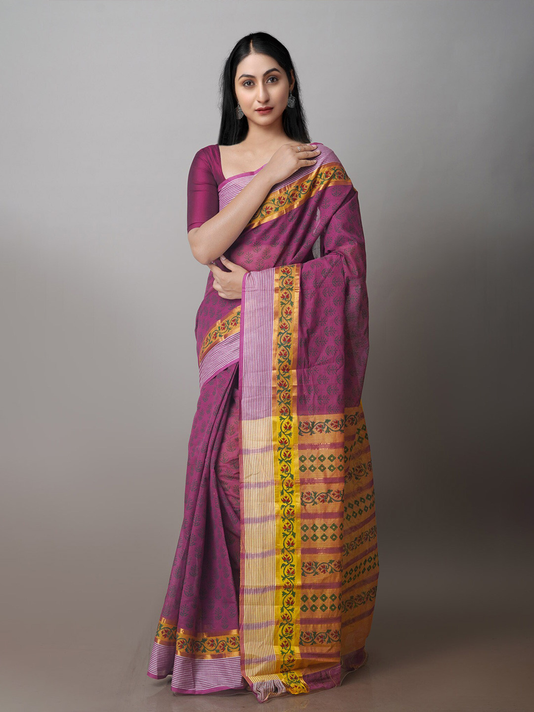 

Unnati Silks Ethnic Motifs Printed Zari Mangalagiri Saree, Purple
