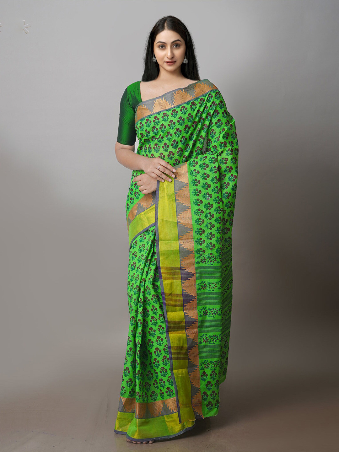 

Unnati Silks Ethnic Motifs Zari Chettinad Saree, Green