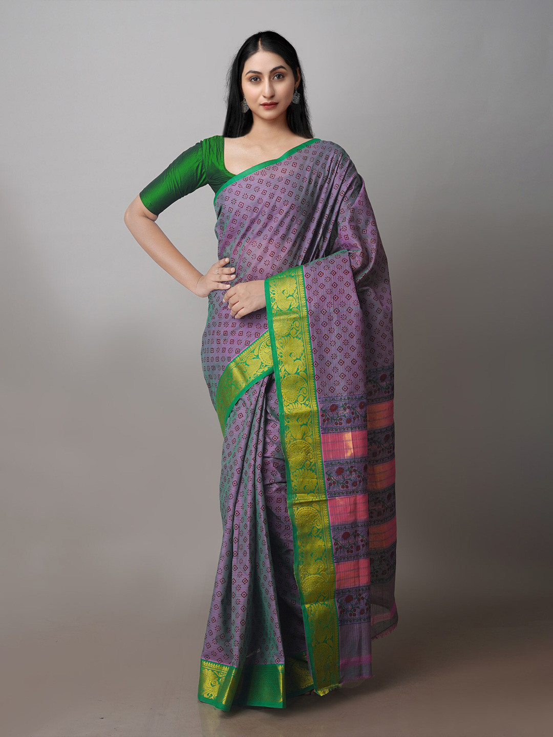 

Unnati Silks Ethnic Motifs Printed Zari Chettinad Saree, Purple