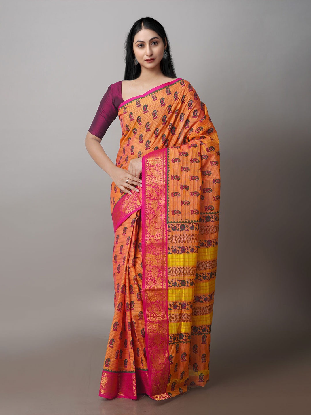 

Unnati Silks Paisley Printed Zari Chettinad Saree, Orange