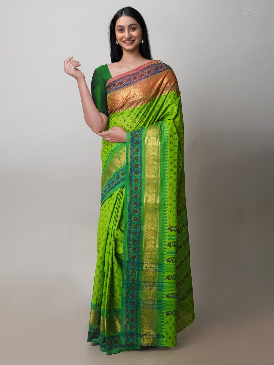 

Unnati Silks Ethnic Motifs Printed Zari Chettinad Saree, Green