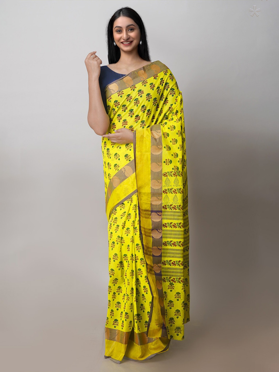 

Unnati Silks Floral Printed Zari Chettinad Saree, Yellow