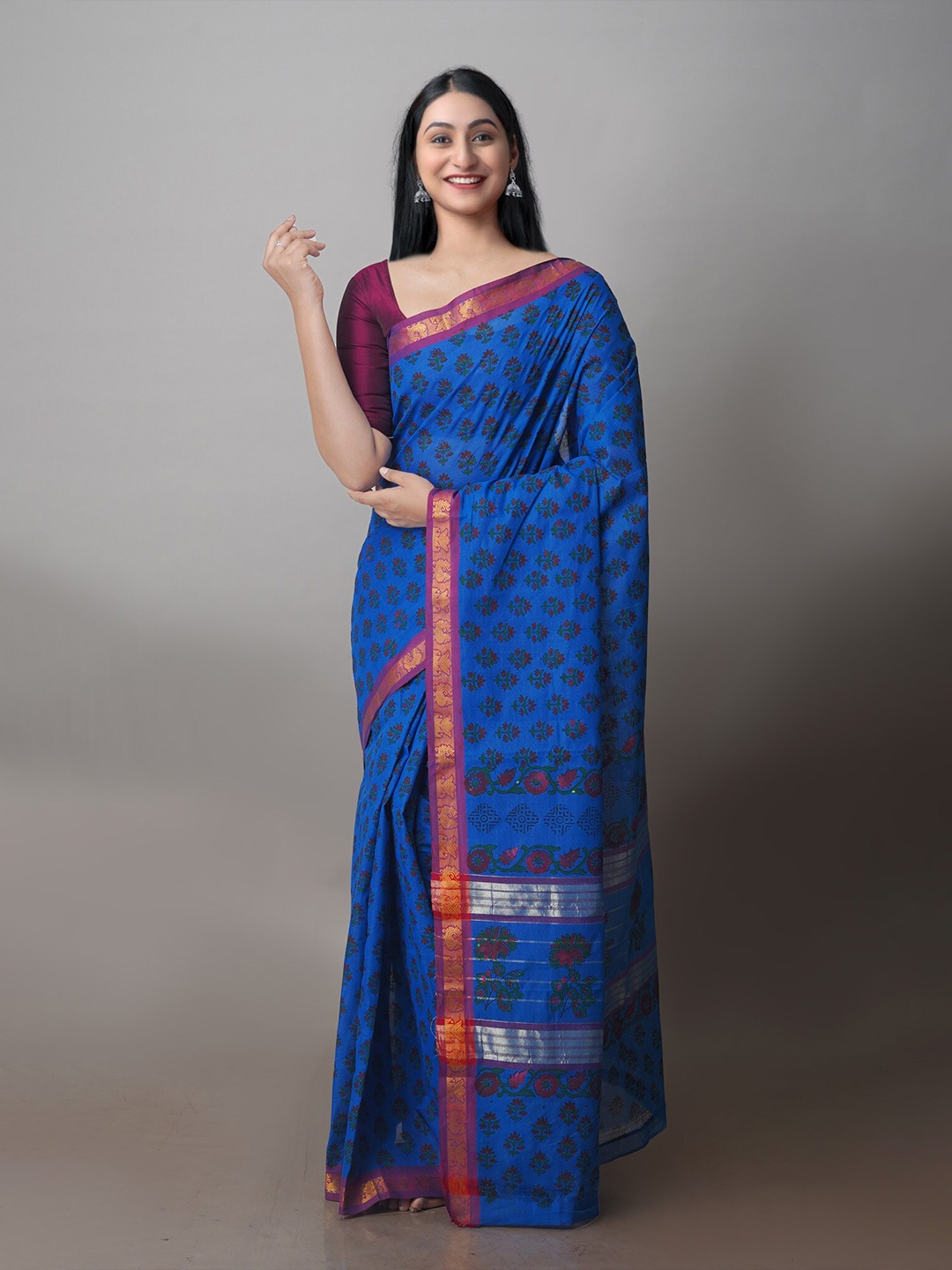 

Unnati Silks Floral Printed Zari Chettinad Saree, Blue