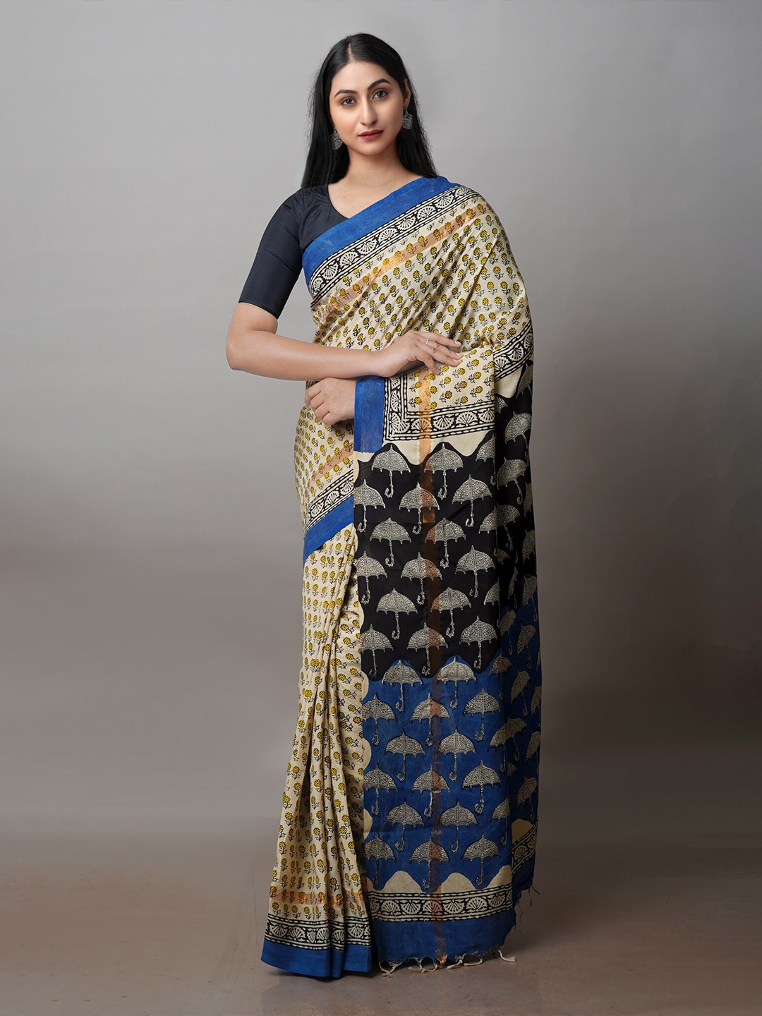 

Unnati Silks Ethnic Printed Bagru Saree, Cream