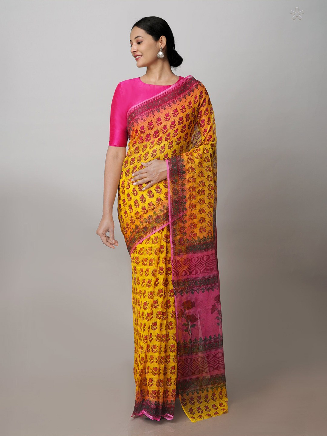 

Unnati Silks Ethnic Motifs Zari Kota Saree, Yellow
