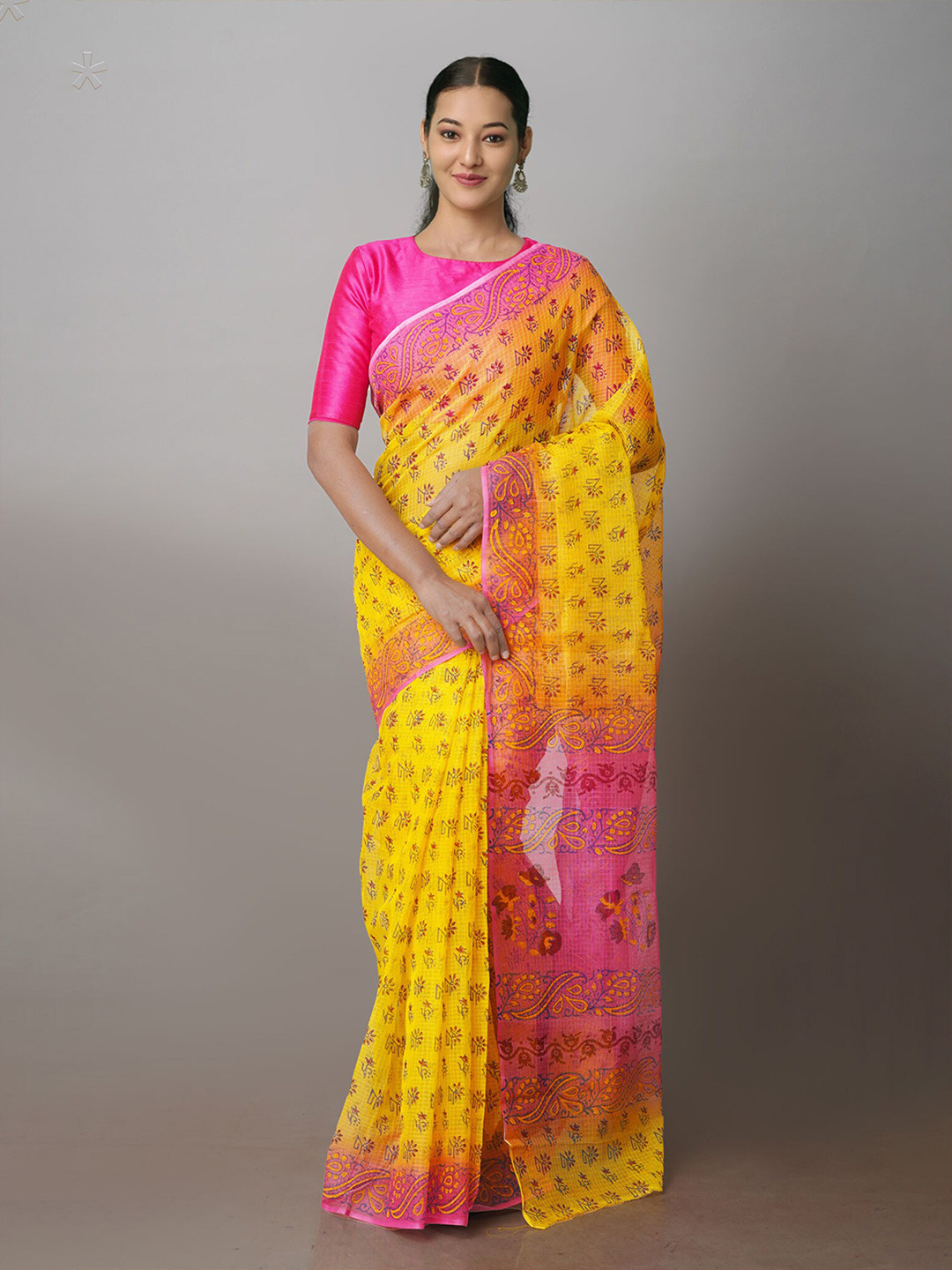 

Unnati Silks Ethnic Motifs Block Printed Cotton Kota Saree, Yellow