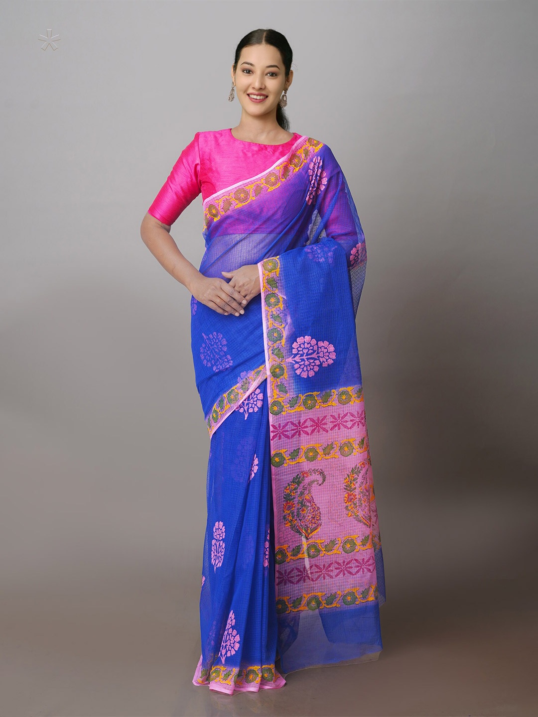 

Unnati Silks Ethnic Motifs Block Printed Cotton Kota Saree, Blue