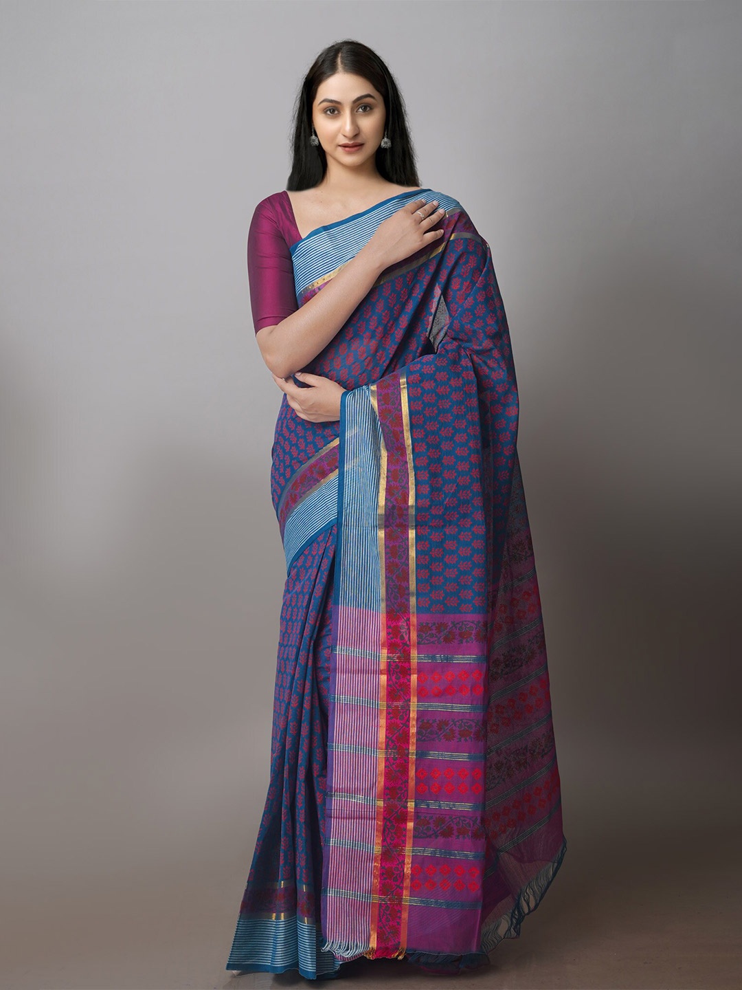 

Unnati Silks Ethnic Motifs Zari Mangalagiri Saree, Blue