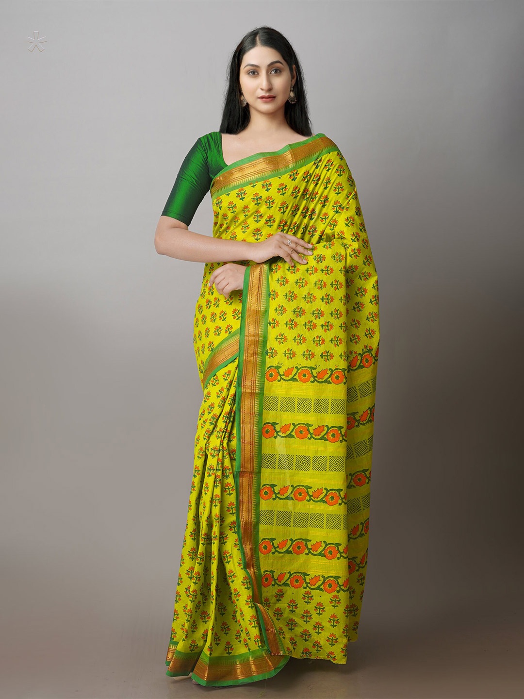 

Unnati Silks Floral Printed Zari Chettinad Saree, Green