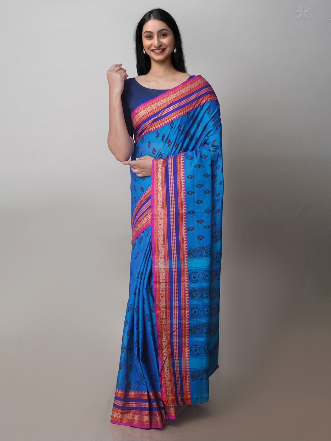 

Unnati Silks Floral Printed Zari Chettinad Saree, Blue