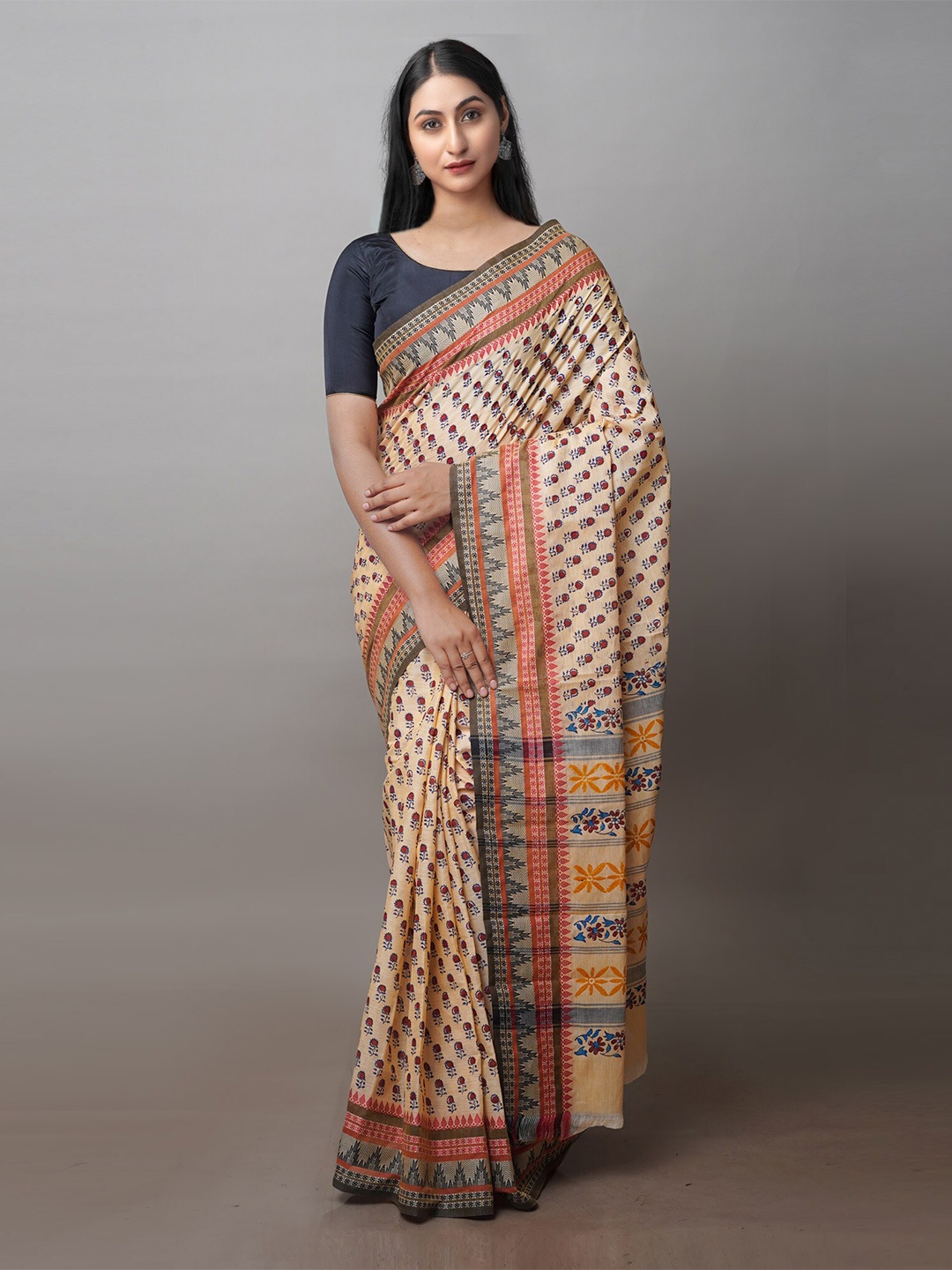 

Unnati Silks Ethnic Motifs Printed Chettinad Saree, Cream