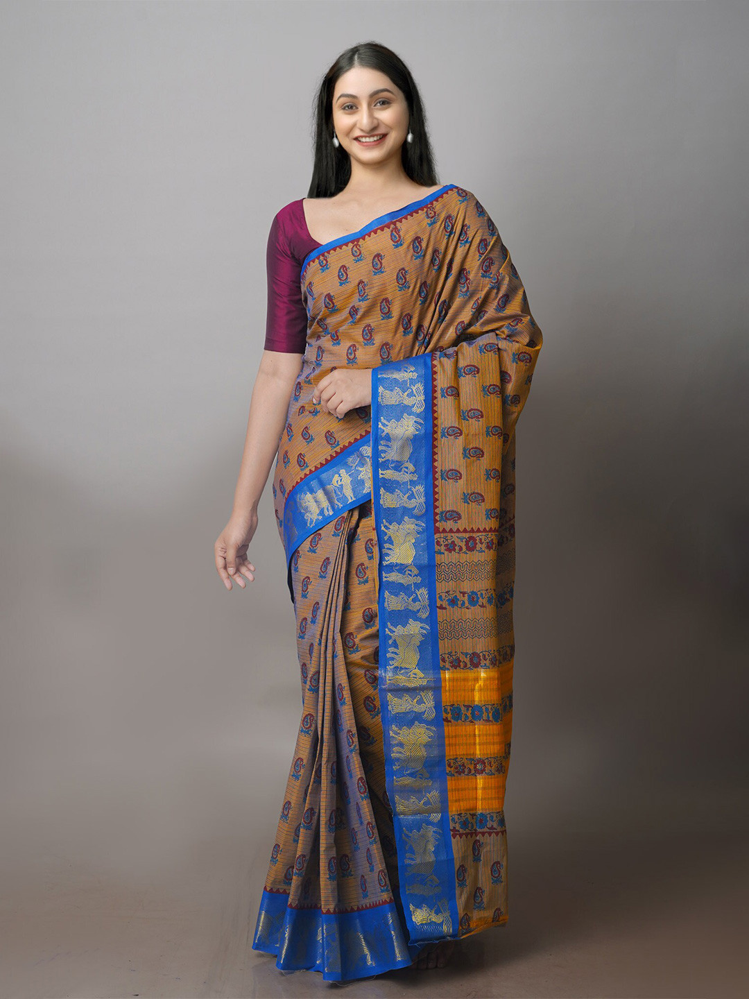 

Unnati Silks Ethnic Motifs Block Printed Zari Chettinad Cotton Saree, Brown