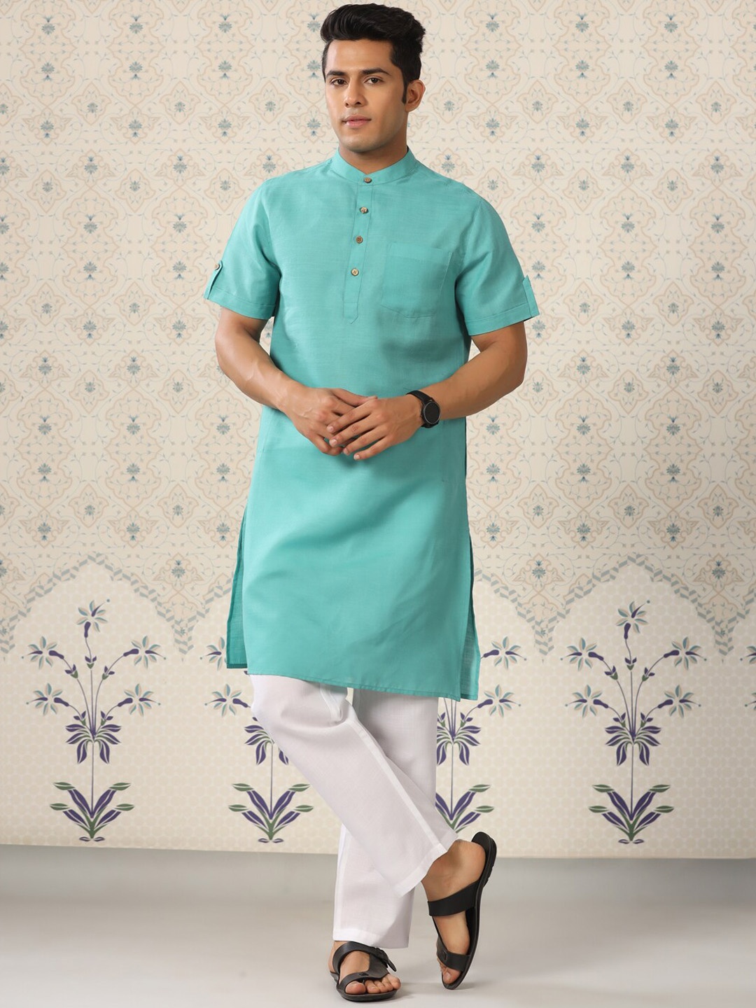 

Ode by House of Pataudi Turquoise Blue & White Band Collar Straight Kurta with Pyjamas