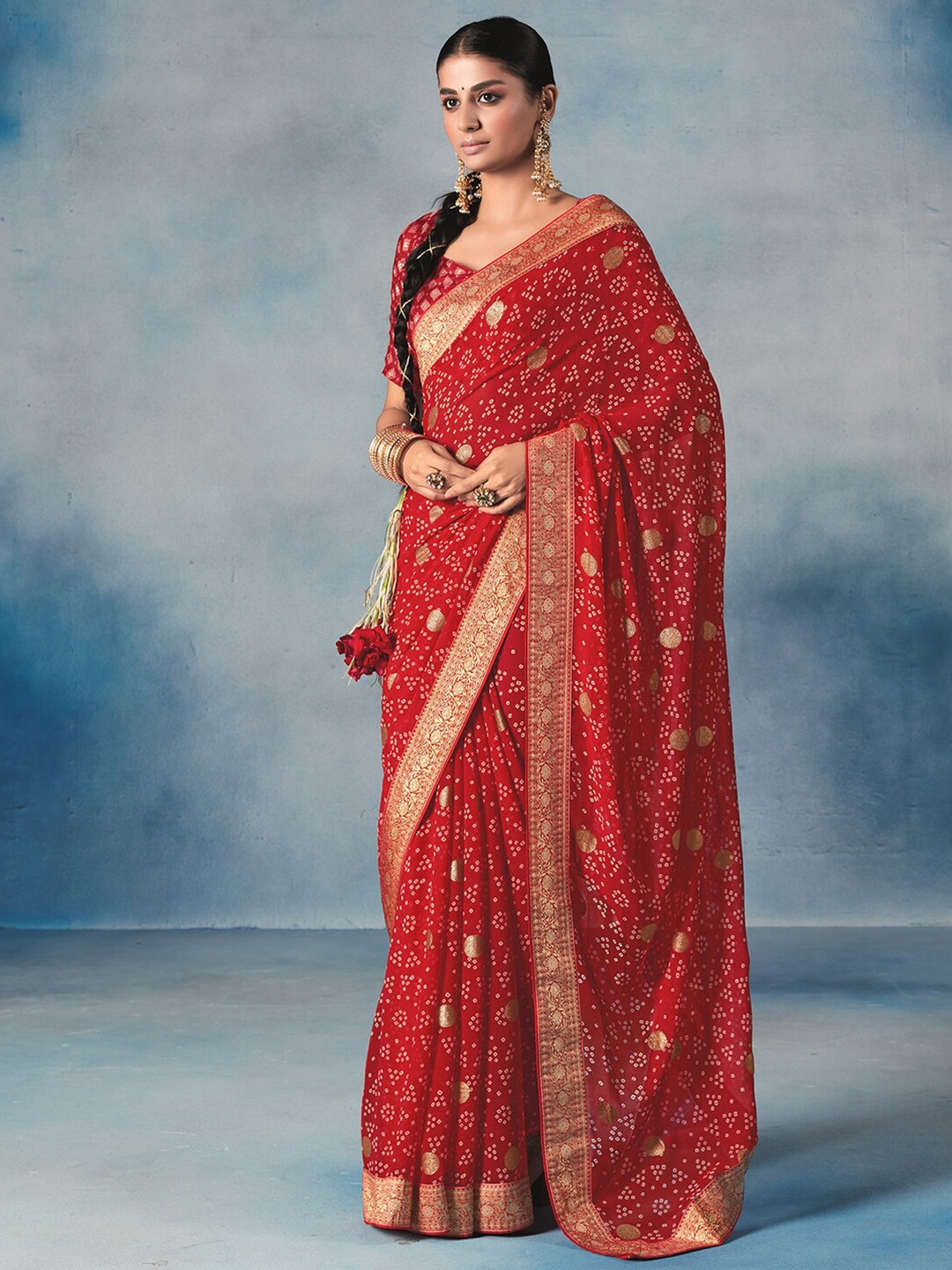 

Satrani Red & Gold Bandhani Screen Printed Zari Saree
