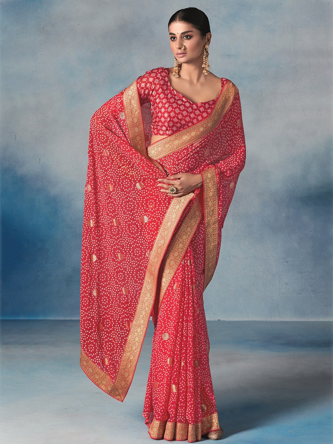 

Satrani Geometric Printed Zari Saree, Pink