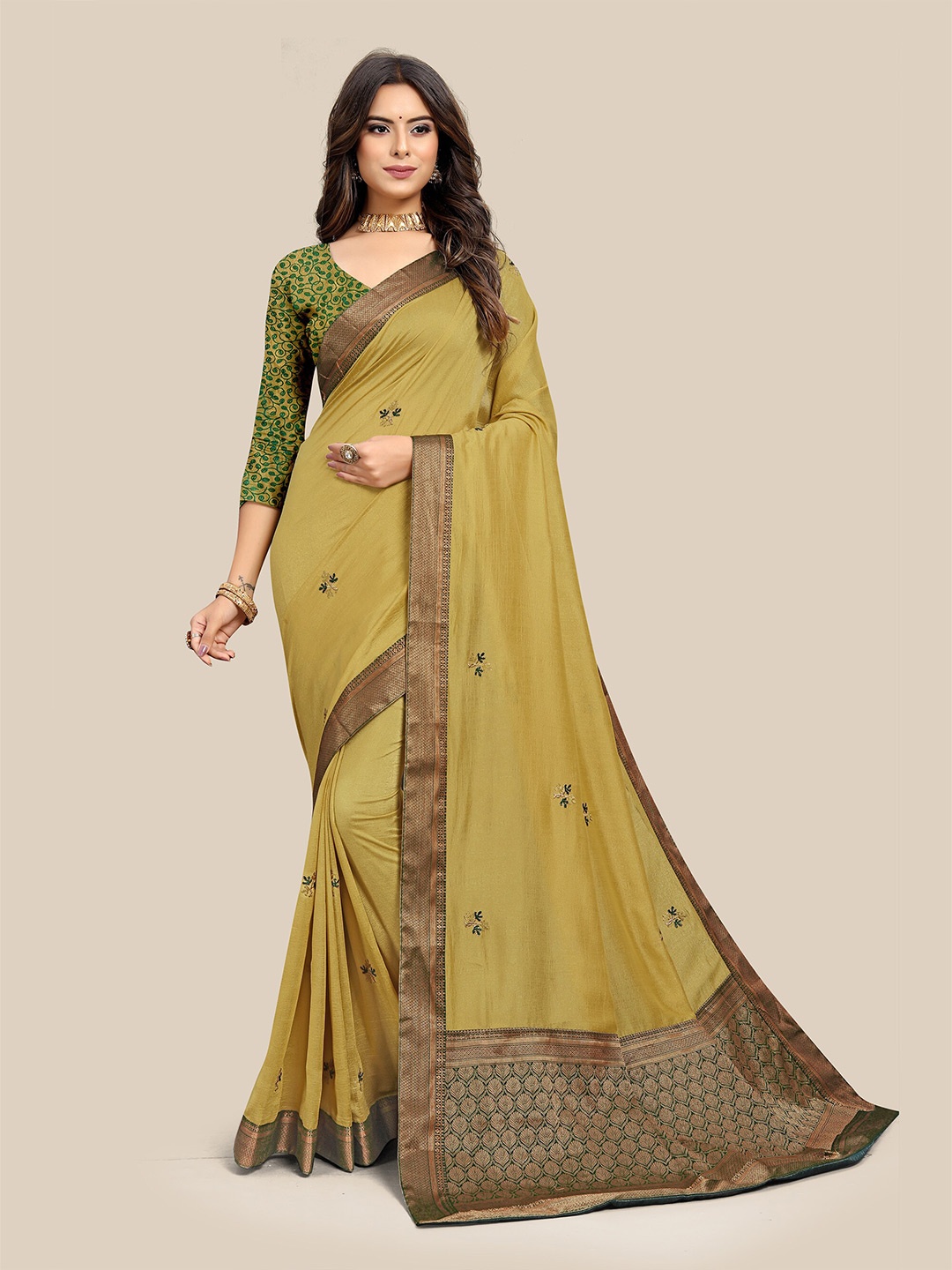 

UNITED LIBERTY Floral Jacquard Embroidered Zari Art Silk Saree, Olive