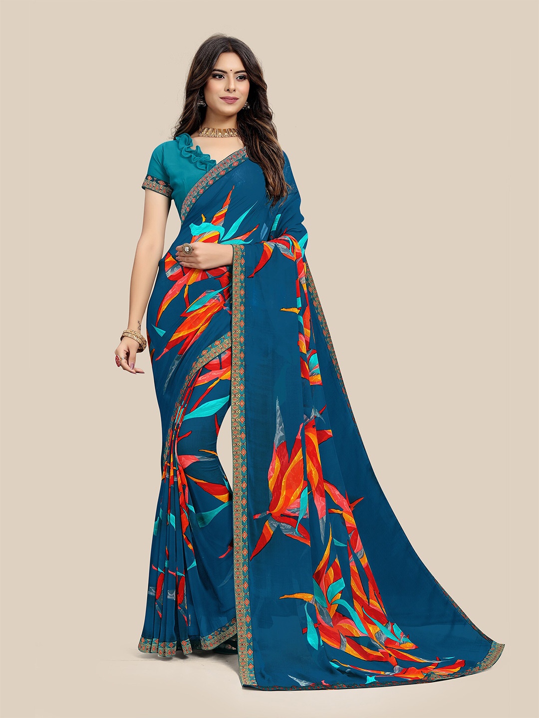 

UNITED LIBERTY Floral Printed Pure Georgette Saree, Navy blue