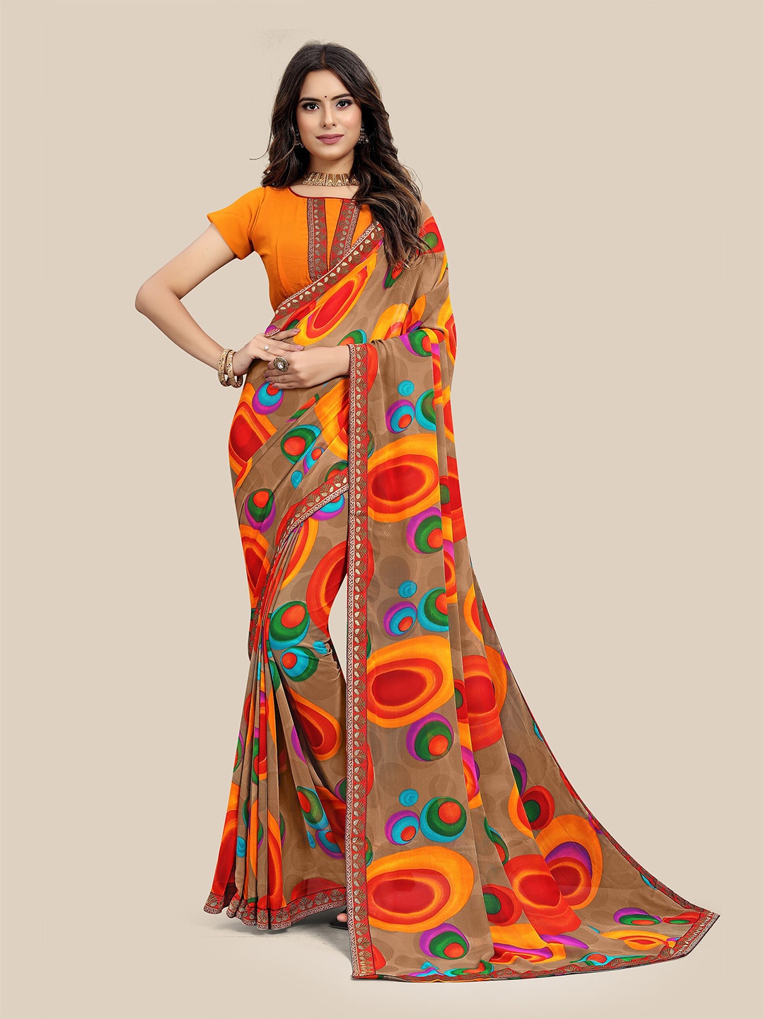 

UNITED LIBERTY Zari Georgette Printed Pure Georgette Saree, Brown