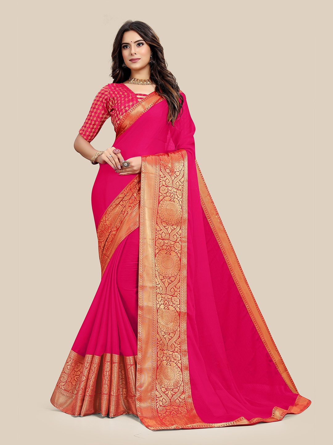 

UNITED LIBERTY Zari Pure Chiffon Saree, Pink