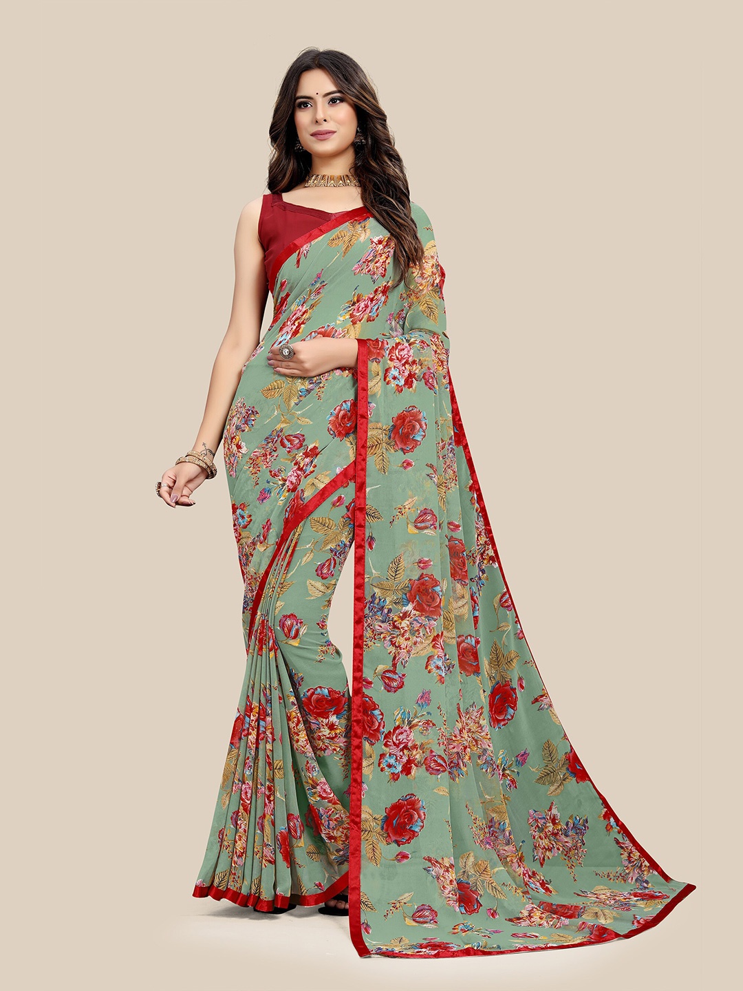 

UNITED LIBERTY Floral Printed Pure Georgette Saree, Olive