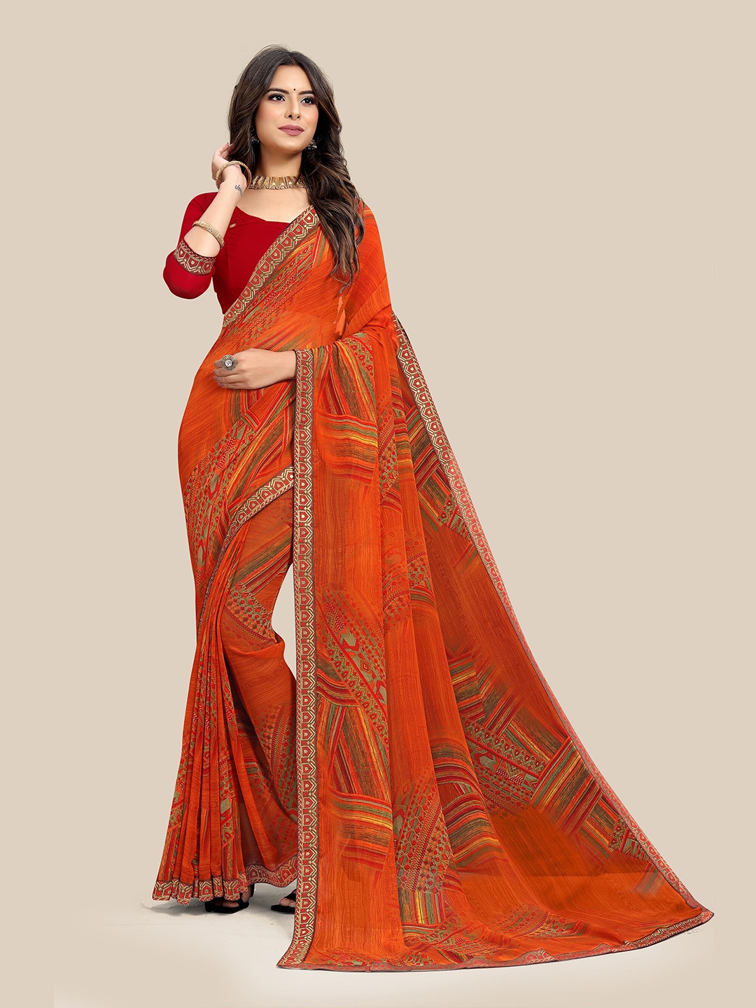 

UNITED LIBERTY Geometric Printed Pure Georgette Saree, Brown