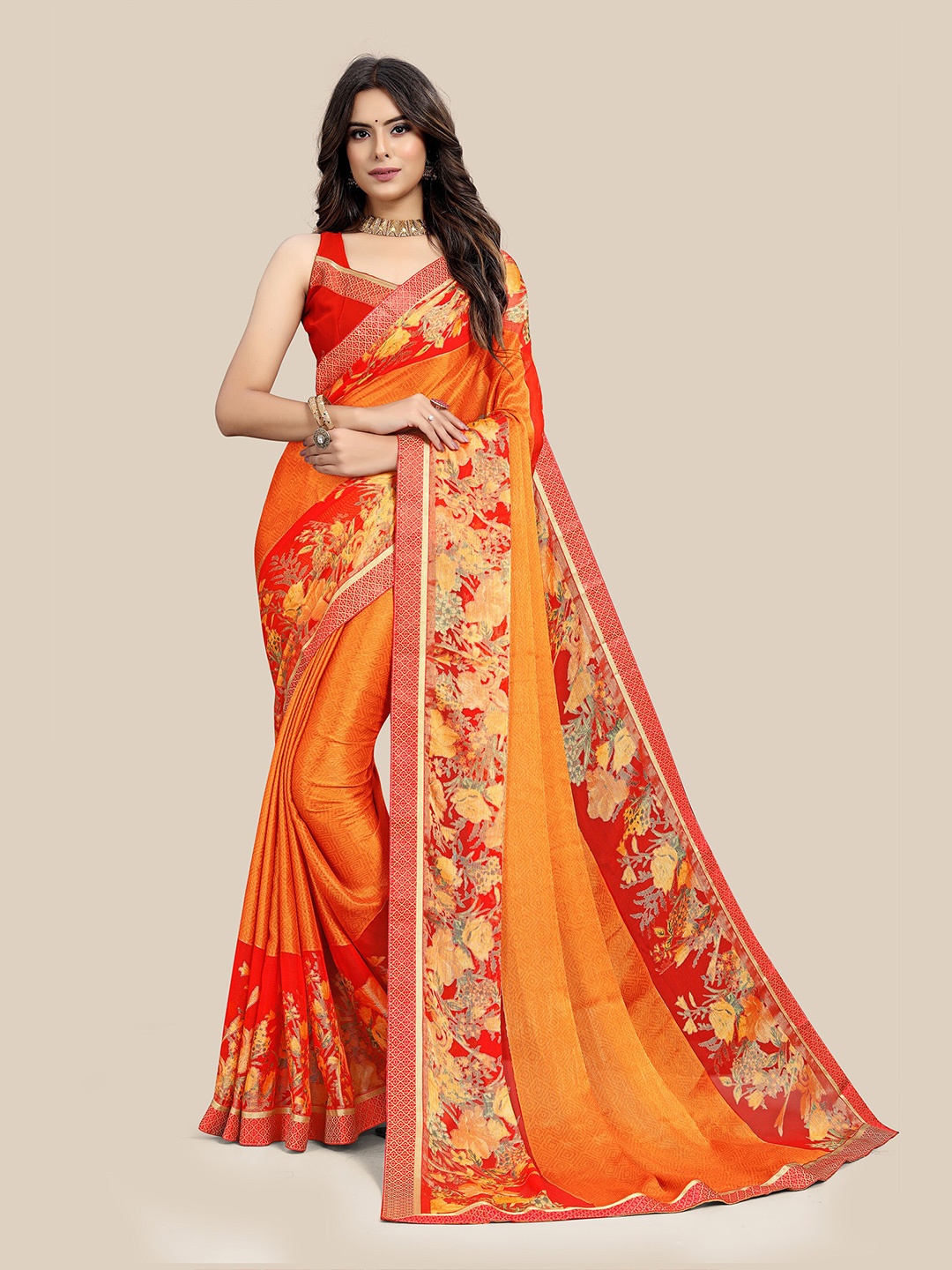 

UNITED LIBERTY Floral Printed Zari Chiffon Brasso Saree, Orange