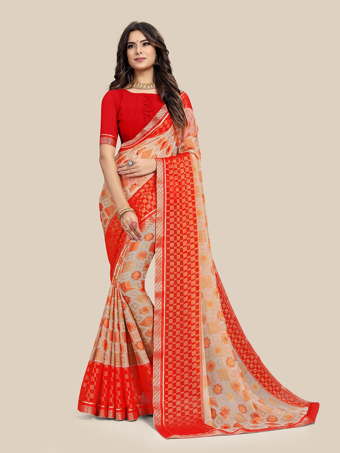 

UNITED LIBERTY Zari Chiffon Brasso Saree, Peach