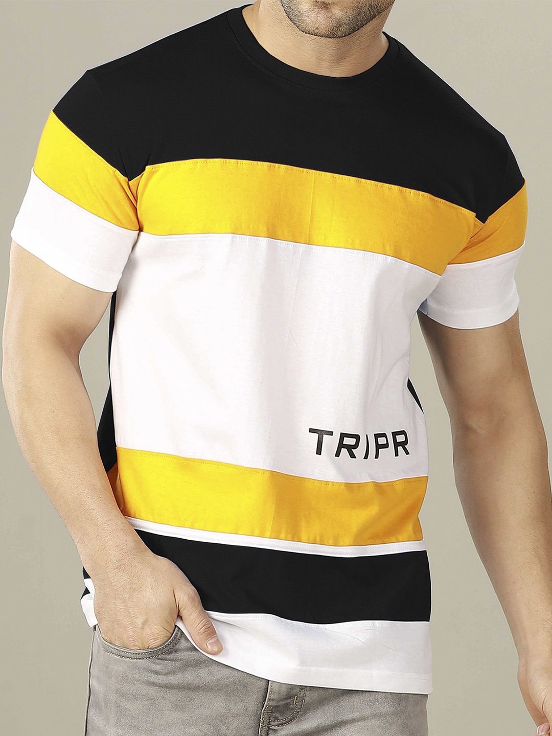 

TRIPR Colourblocked Round Neck Cotton T-shirt, Black