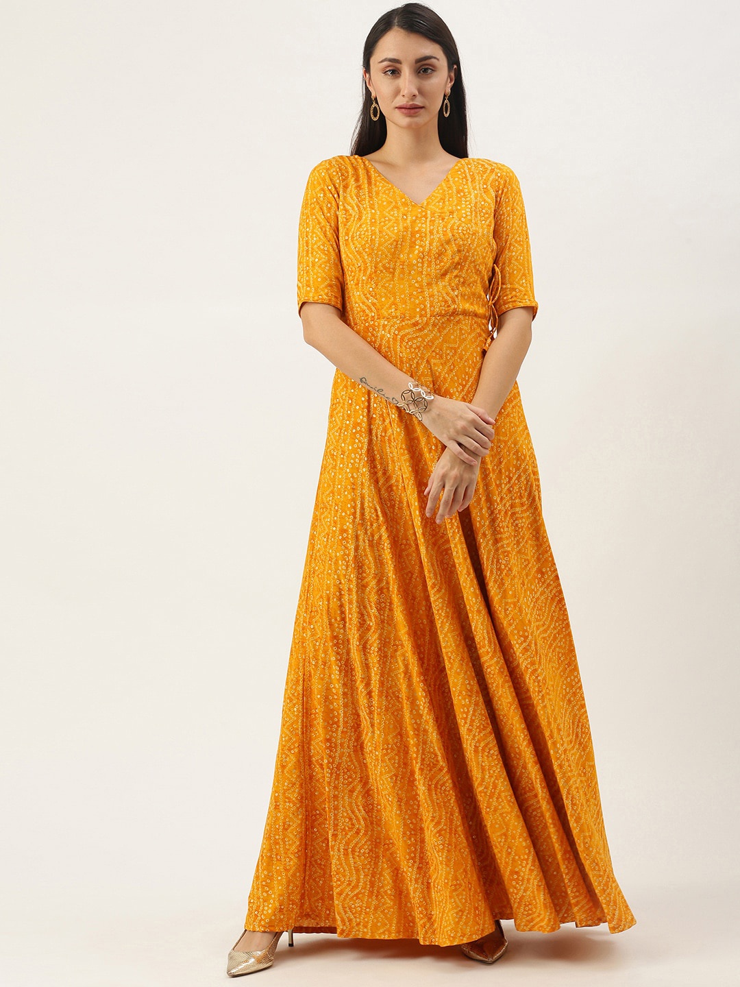 

Ethnovog V-Neck Printed Maxi Dress, Yellow