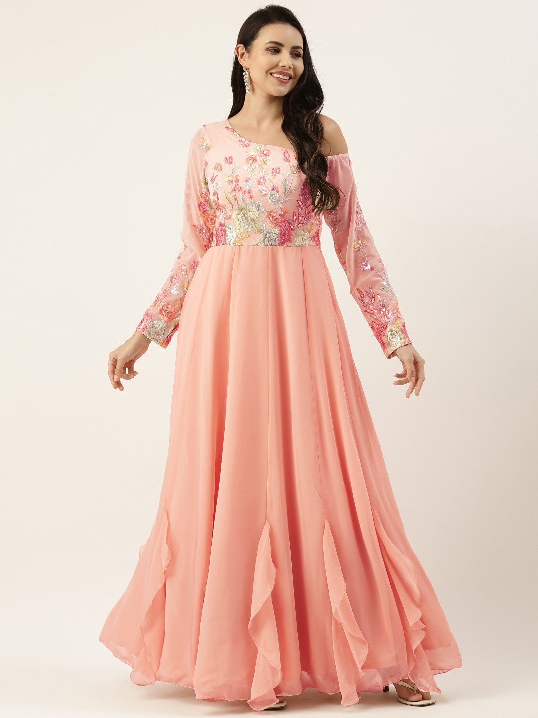 

Ethnovog Floral Embroidered Sequins One Shoulder Georgette Maxi Dress, Peach