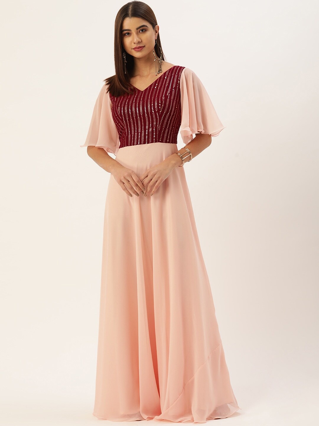 

Ethnovog Peach-Coloured Flared Sleeve Georgette Maxi Dress