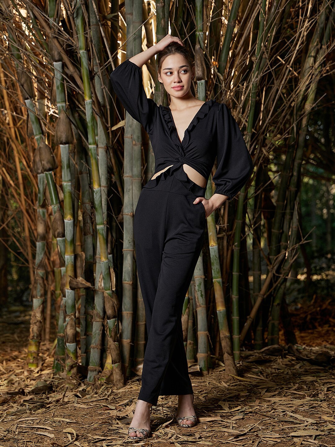 

Athena Black Ruffled Basic Jumpsuit