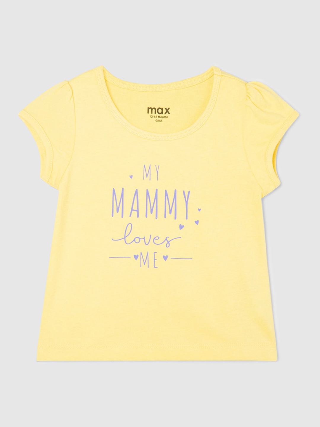 

max Infant Girls Typography Printed Puff Sleeve Pure Cotton T-shirt, Yellow