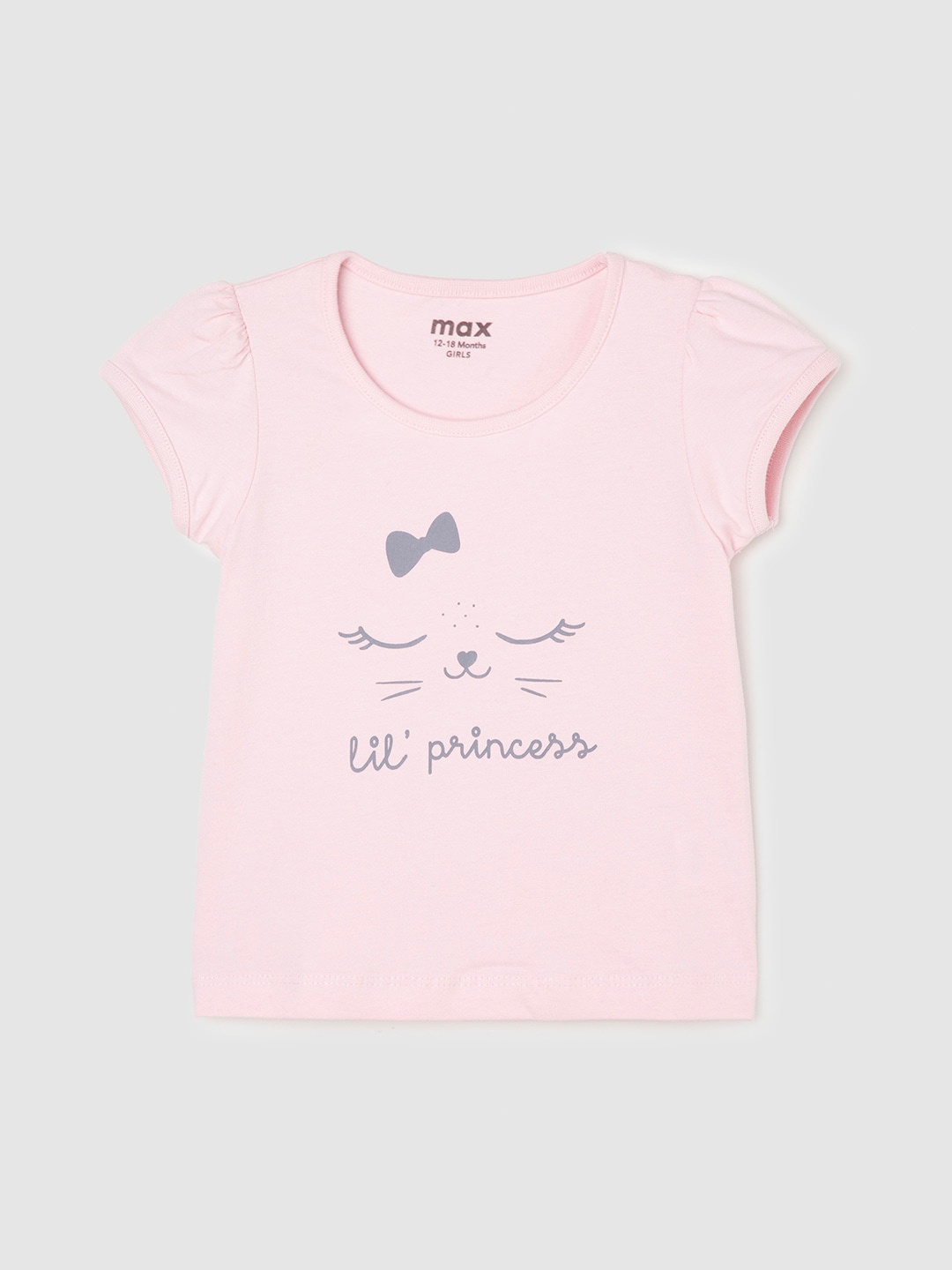 

max Infant Girls Graphic Printed Puff Sleeves Pure Cotton T-shirt, Pink