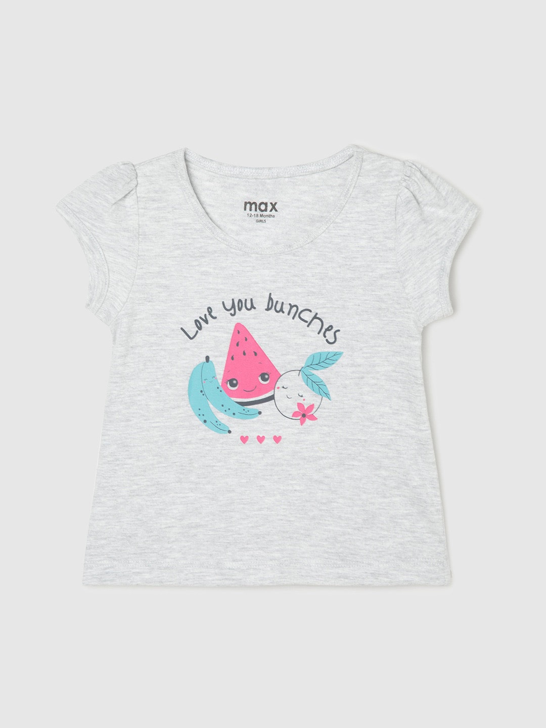 

max Infant Girls Graphic Printed Puff Sleeves Pure Cotton T-shirt, Grey