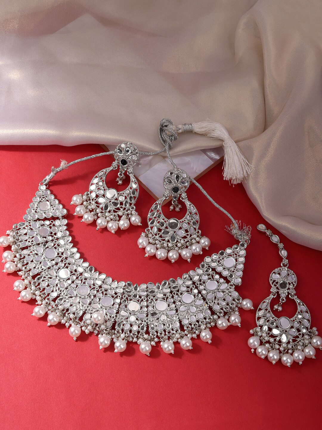 

Fida Silver-Plated Mirror-Studded & Pearl-Beaded Jewellery Set