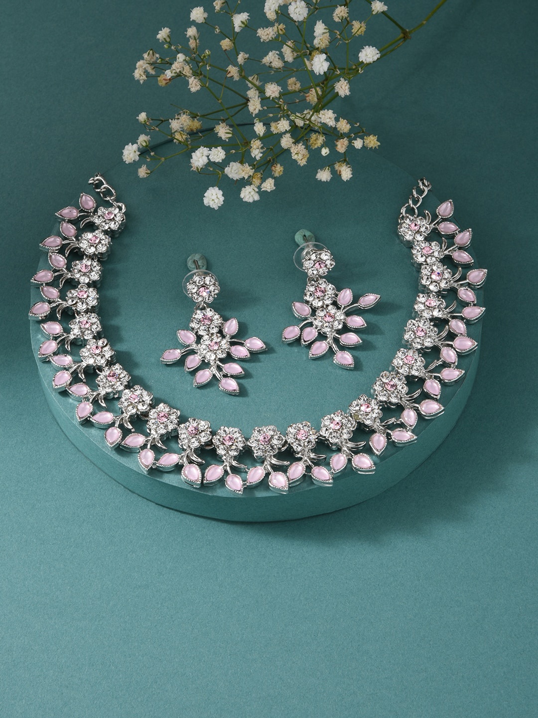 

Fida Rhodium-Plated Geometrical AD Studded Jewellery Set, Pink