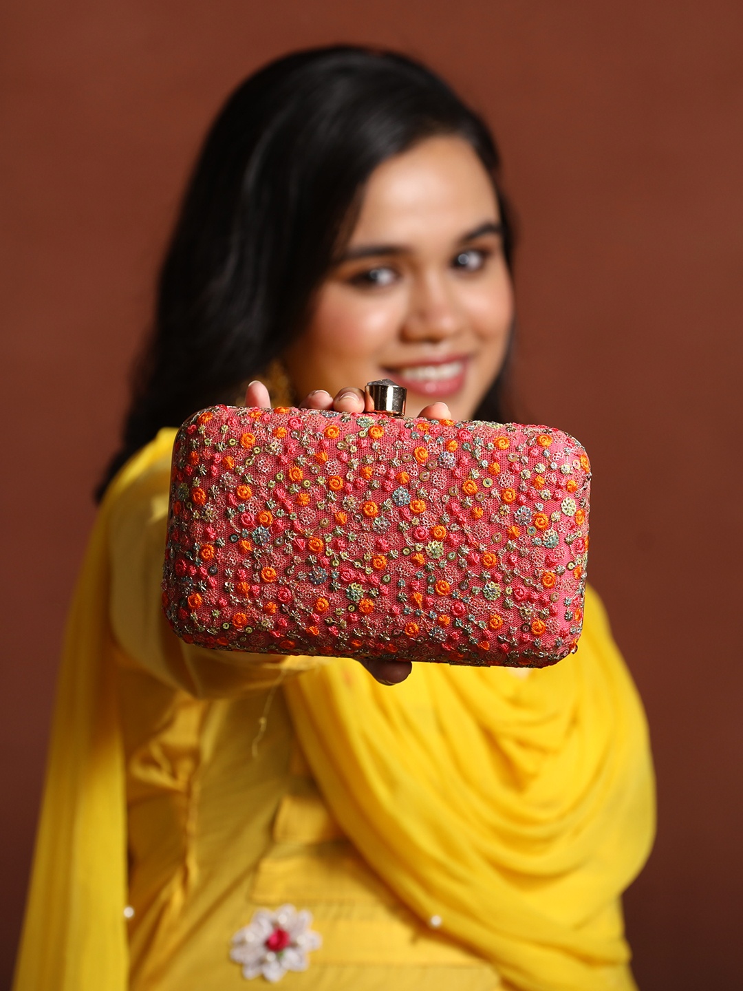 

HORRA Embroidered Box Clutch, Orange