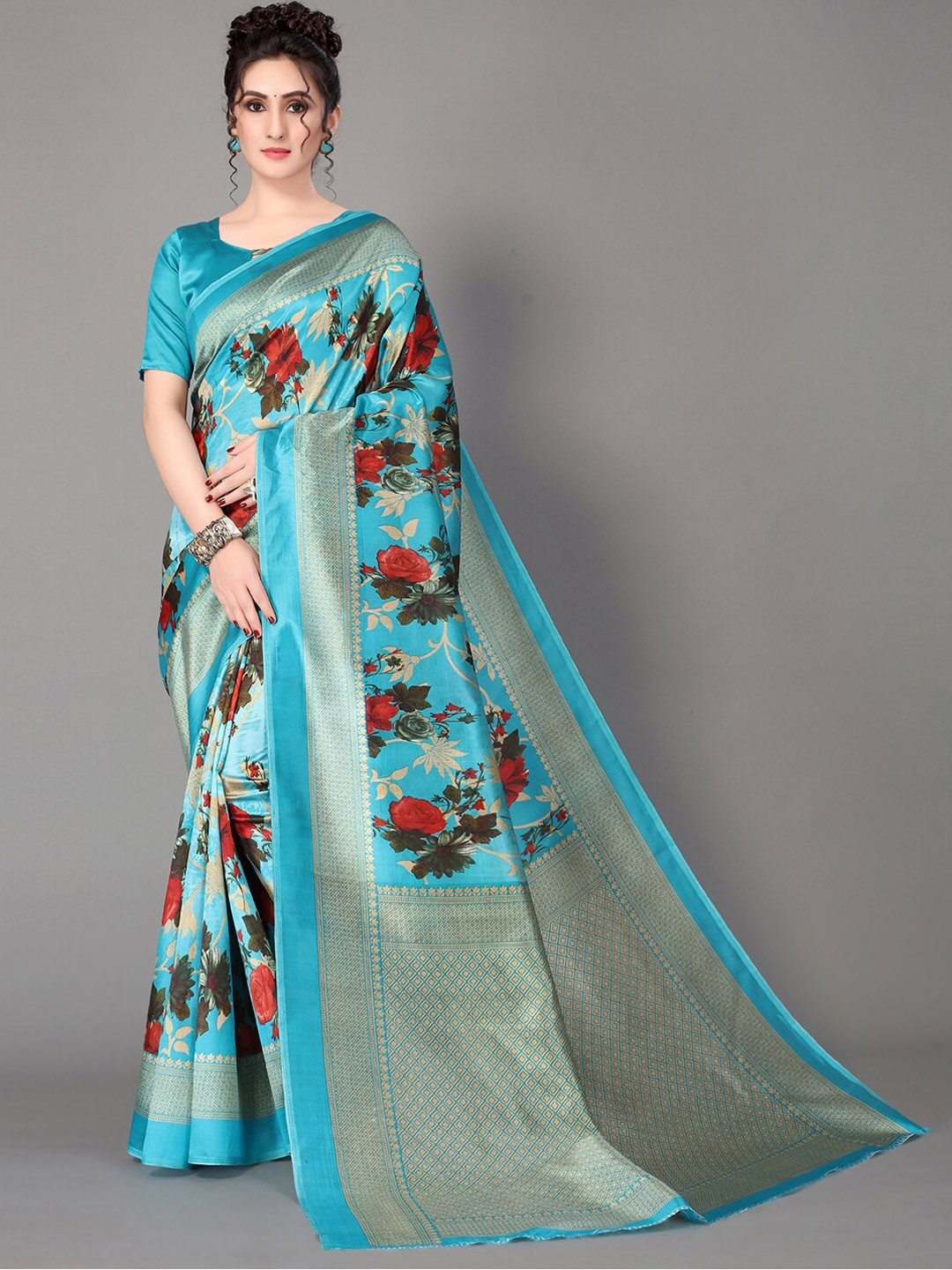 

GORGONE Floral Printed Saree, Blue